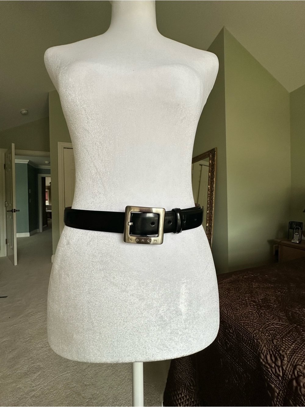 Vintage Coach Black Leather Belt Square Silver Logo Buckle